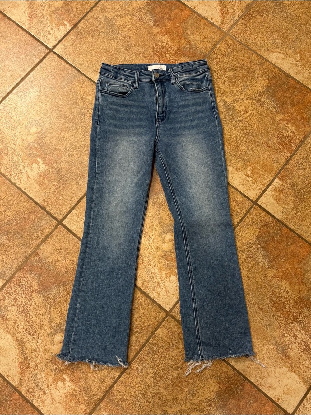 VERVET BY FLYING MONKEY Medium Blue Cropped Flared Raw Hem Jeans